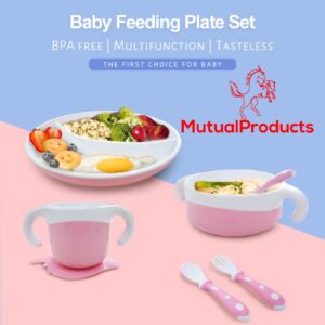 mutualproducts - Baby Feeding Set 7-Piece | Baby Led Weaning Utensils Set Includes Suction Bowl and Plate, Baby Spoon and Fork, Sippy Cup | Baby Feeding Supplies Set (Pink-White)