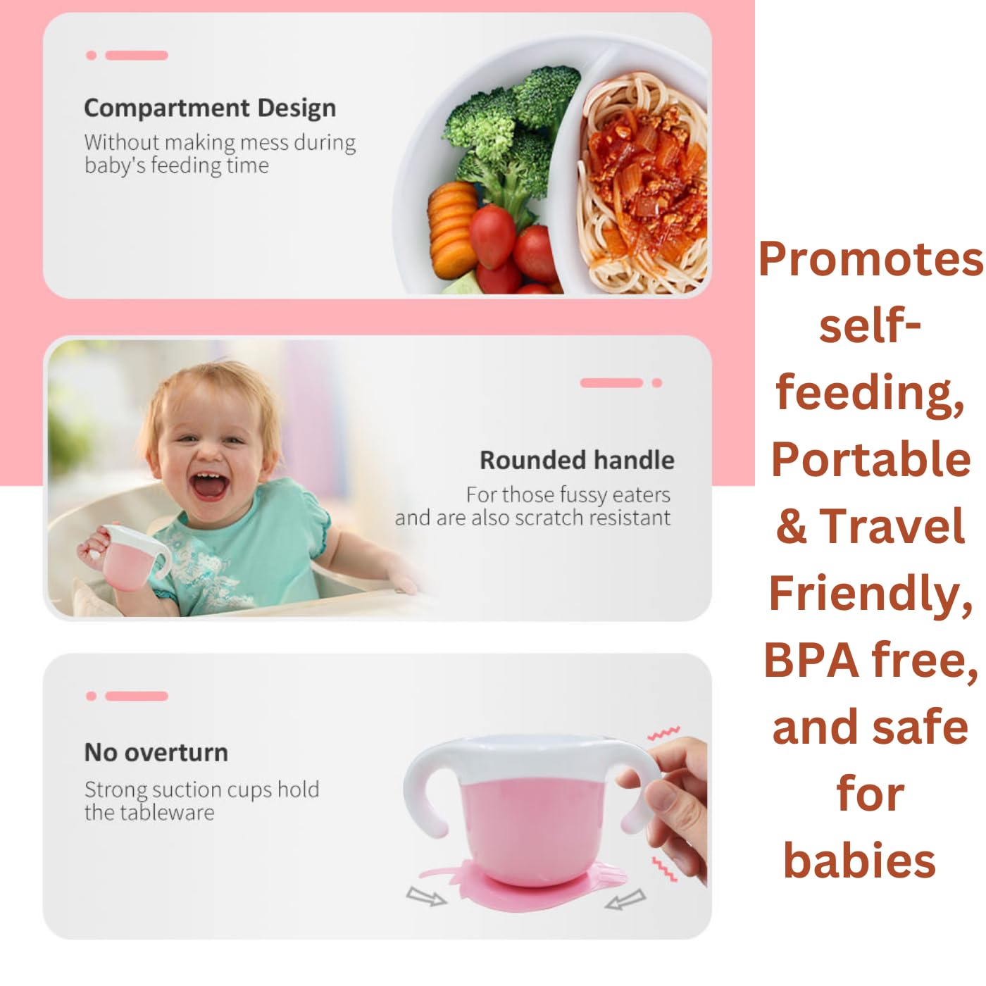 mutualproducts - Baby Feeding Set 7-Piece | Baby Led Weaning Utensils Set Includes Suction Bowl and Plate, Baby Spoon and Fork, Sippy Cup | Baby Feeding Supplies Set (Pink-White)