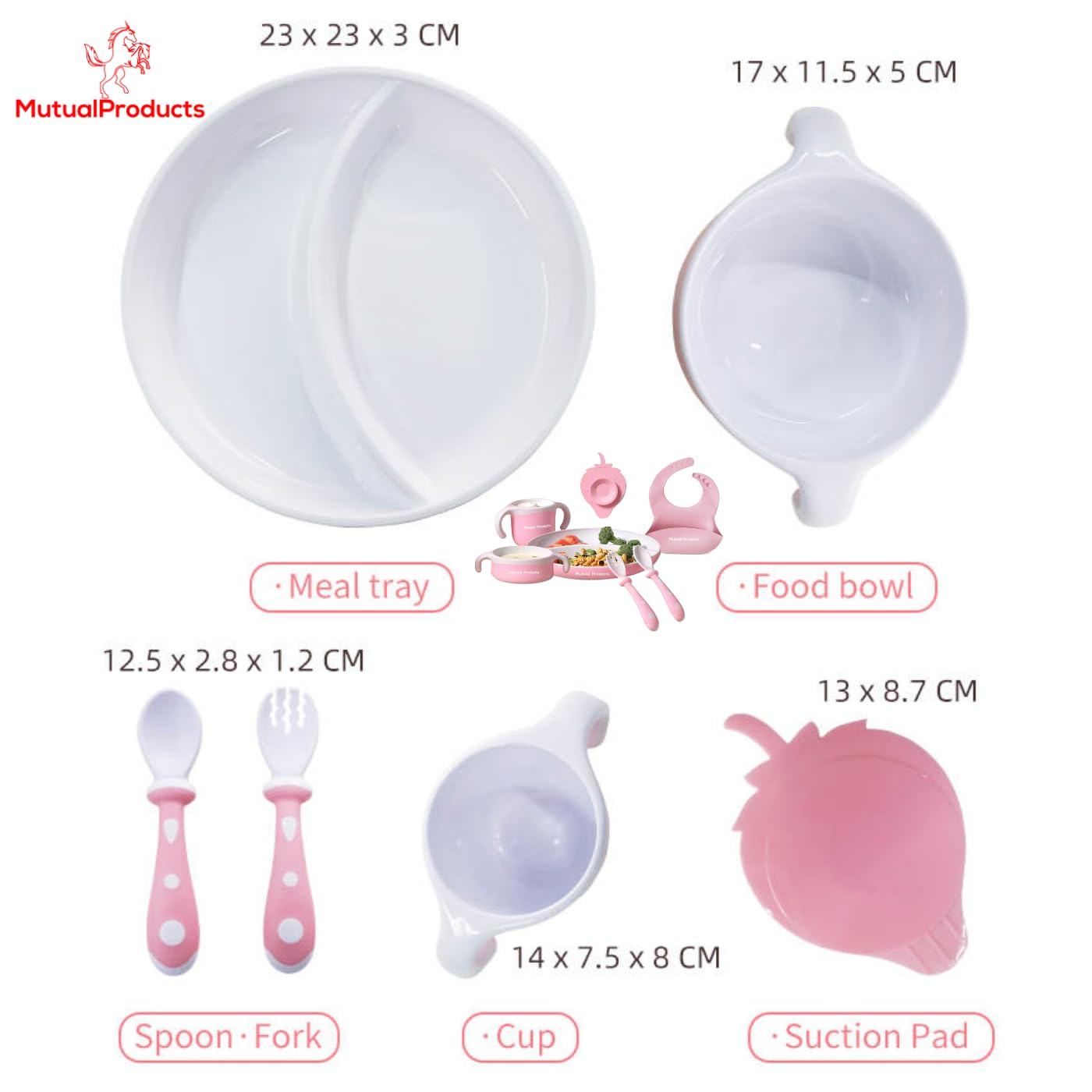 mutualproducts - Baby Feeding Set 7-Piece | Baby Led Weaning Utensils Set Includes Suction Bowl and Plate, Baby Spoon and Fork, Sippy Cup | Baby Feeding Supplies Set (Pink-White)