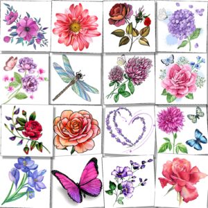 tazimi 40 sheets flower temporary tattoos for girl kids -rose peony lavender butterfly dragonfly hydrangea flower collection face arm body tattoo sticker watercolor flower tattoos for child birthday party favors supplies gifts decorations