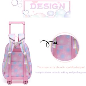 HTgroce Rolling Backpack for Girls School Bookbag with Wheels for Elementary Student Wheels Roller Trolley Luggage Suitcase Pink