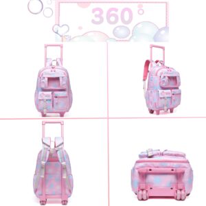 HTgroce Rolling Backpack for Girls School Bookbag with Wheels for Elementary Student Wheels Roller Trolley Luggage Suitcase Pink