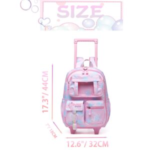 HTgroce Rolling Backpack for Girls School Bookbag with Wheels for Elementary Student Wheels Roller Trolley Luggage Suitcase Pink