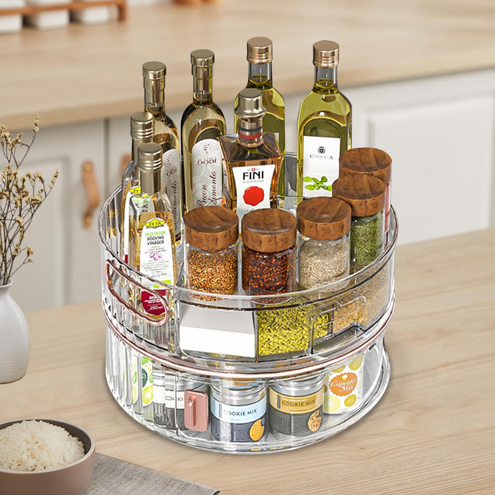 2-Tier Lazy Susan Organizer for Kitchen, Turntable Spice Rack Organizer for Kitchen Cabinet with 4 Sealed Seasoning Boxes and 4 Small Spoons,Rotating Spice Racks for Pantry, Cabinet,Cupboard,Table.