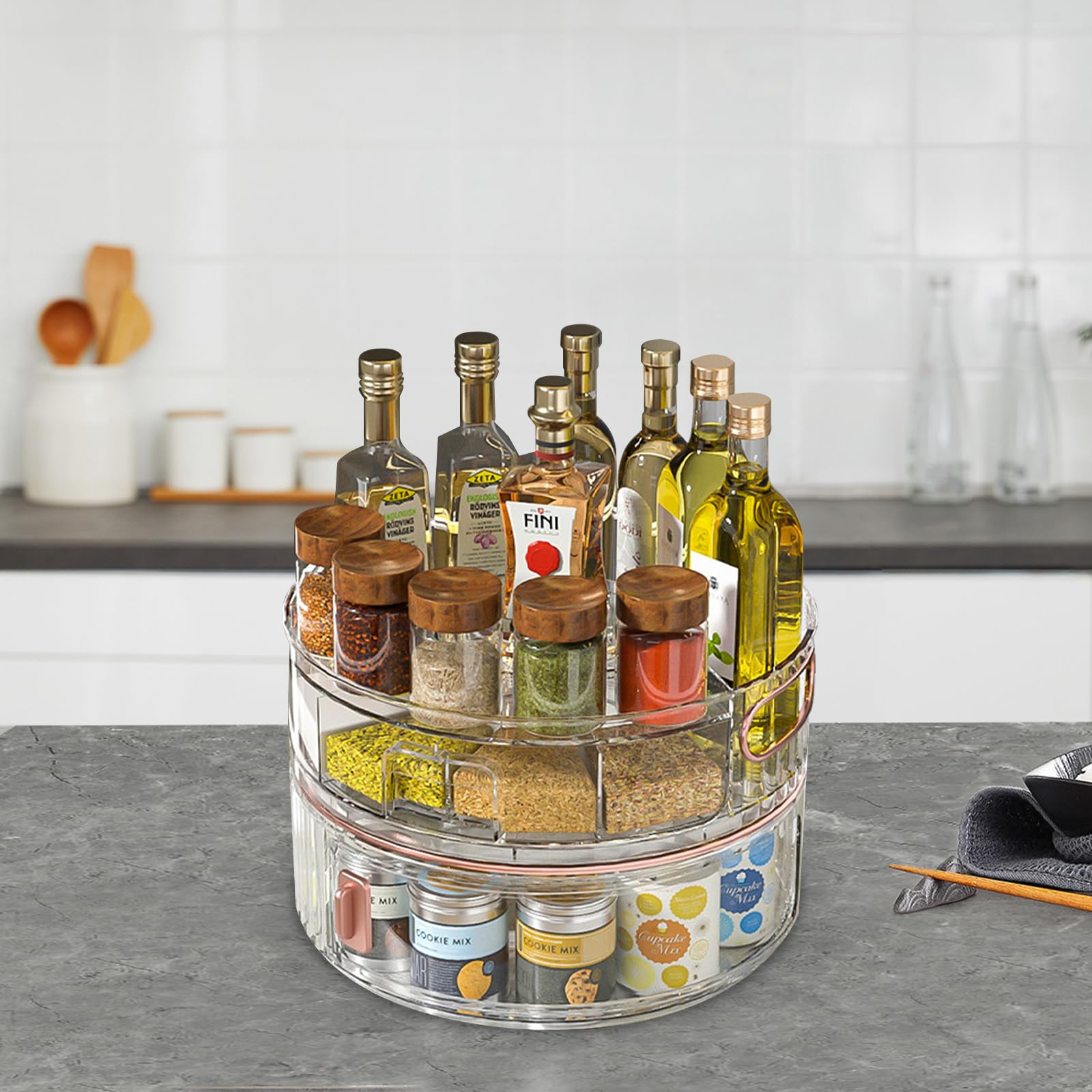 2-Tier Lazy Susan Organizer for Kitchen, Turntable Spice Rack Organizer for Kitchen Cabinet with 4 Sealed Seasoning Boxes and 4 Small Spoons,Rotating Spice Racks for Pantry, Cabinet,Cupboard,Table.