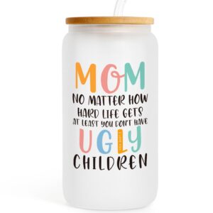 birthday gifts for mom, mama women gift can glass cup with glass straw & lid from daughter son, new mom cool great best funny mother's day presents for female, coffee wine cup present for christmas