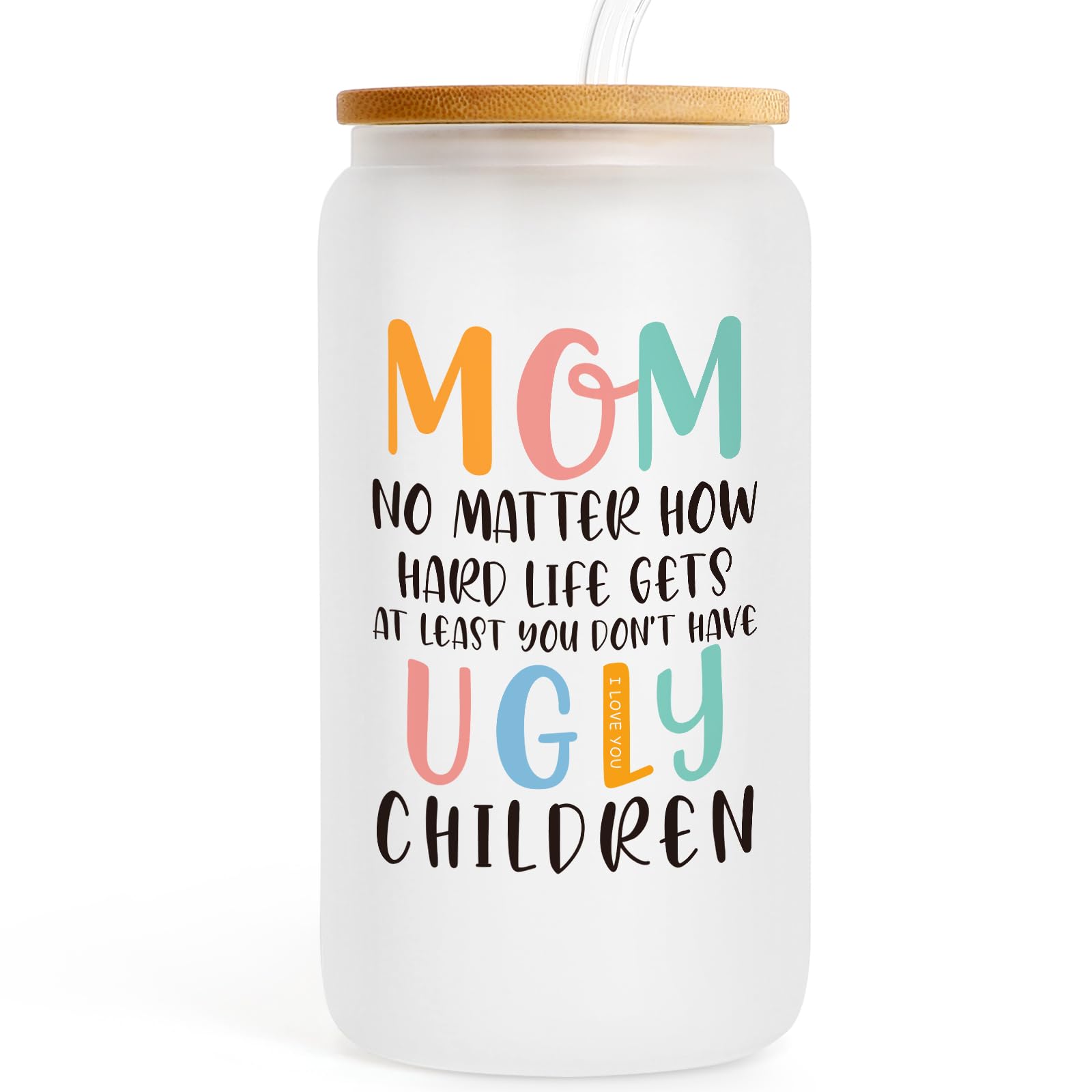 Birthday Gifts for Mom, Mama Women Gift Can Glass Cup with Glass Straw & Lid from Daughter Son, New Mom Cool Great Best Funny Mother's Day Presents for Female, Coffee Wine Cup Present for Christmas