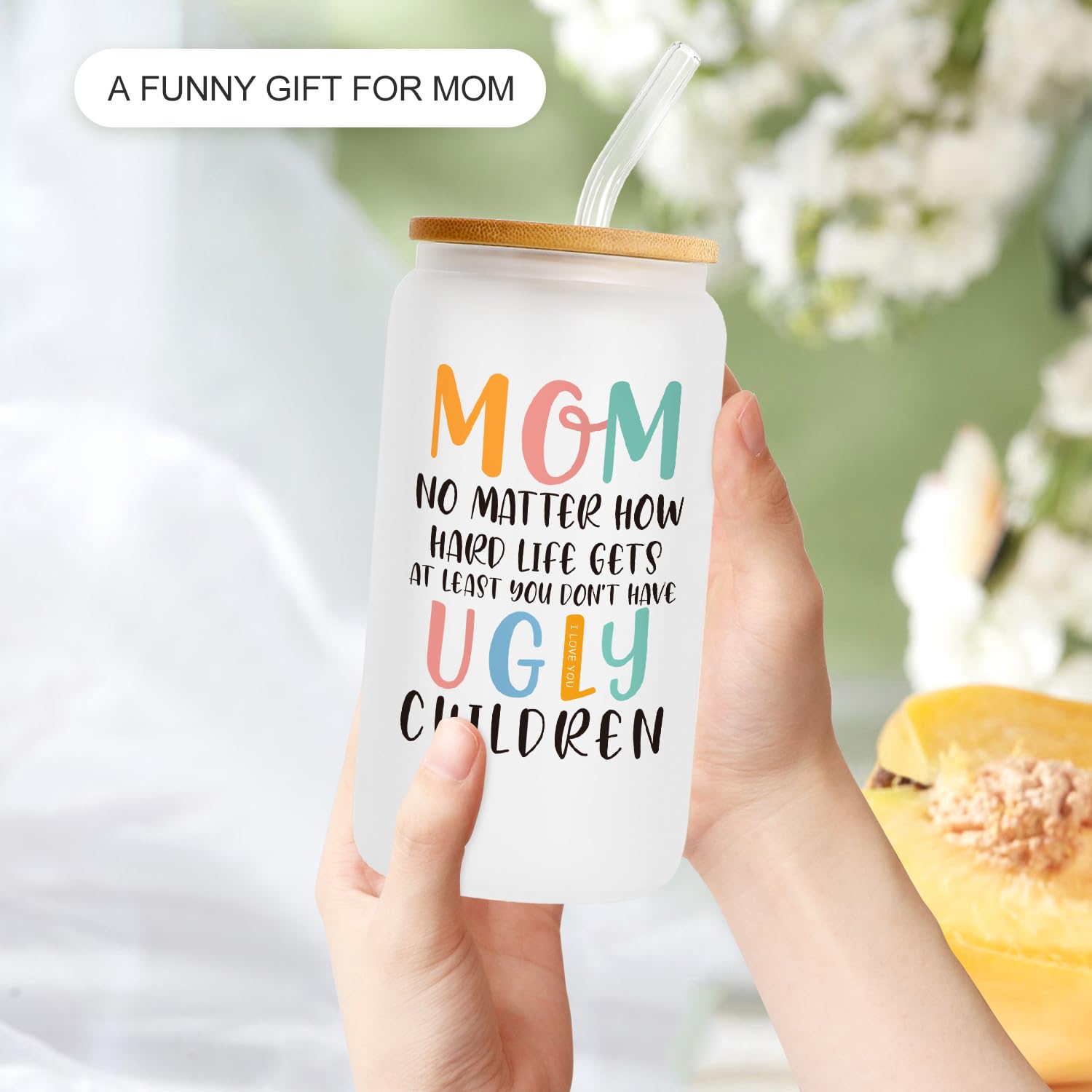 Birthday Gifts for Mom, Mama Women Gift Can Glass Cup with Glass Straw & Lid from Daughter Son, New Mom Cool Great Best Funny Mother's Day Presents for Female, Coffee Wine Cup Present for Christmas