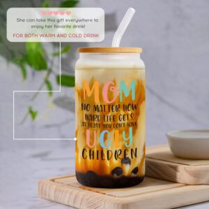 Birthday Gifts for Mom, Mama Women Gift Can Glass Cup with Glass Straw & Lid from Daughter Son, New Mom Cool Great Best Funny Mother's Day Presents for Female, Coffee Wine Cup Present for Christmas