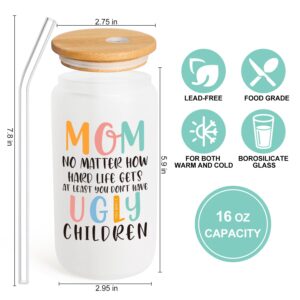 Birthday Gifts for Mom, Mama Women Gift Can Glass Cup with Glass Straw & Lid from Daughter Son, New Mom Cool Great Best Funny Mother's Day Presents for Female, Coffee Wine Cup Present for Christmas