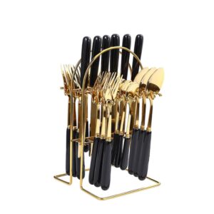 24 pieces imitation marbled ceramic handle kitchen stainless steel silverware tableware flatware cutlery knives forks spoons set for 6 people,with cutlery hanging rack (solid color,black)