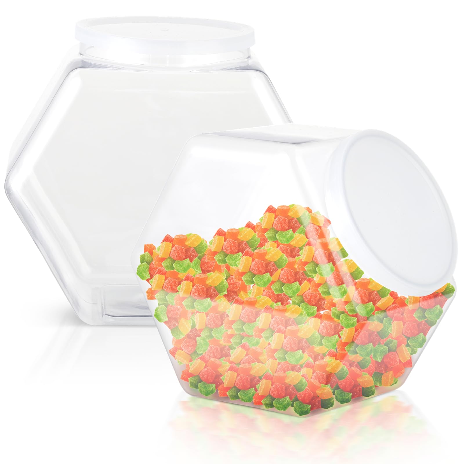 129oz Plastic Candy Jars, 2 Packs Hexagon Cookie jars with Snap-On Lid, Clear Candy Containers for Kitchen Counter, Plastic Canisters for Snacks, Flour, Pet Treats