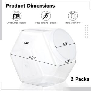 129oz Plastic Candy Jars, 2 Packs Hexagon Cookie jars with Snap-On Lid, Clear Candy Containers for Kitchen Counter, Plastic Canisters for Snacks, Flour, Pet Treats