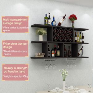 Dawselod 3 Tier Wall Mounted Wine Rack, Wooden Wall Wine Cabinet with 2 Glass Holder, Modern Simple Dining Room Storage Rack, Living Room Wine Decorative Shelf Display Shelf (100cm/39.3in)