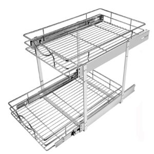 sikarou pull out cabinet organizer 14" w x 21" d 2-tier individual slide out drawer pantry shelf storage for kitchen base cabinet organization ​for kitchen, bathroom, pantry, chrome