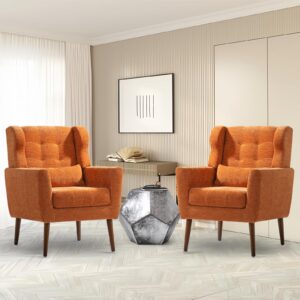 cinkehome accent chairs set of 2 for living room, chenille upholstered mordern armchair, comfy soft padded lounge reading arm chair in small spaces, bedroom, w/pillow, solid wood leg, orange