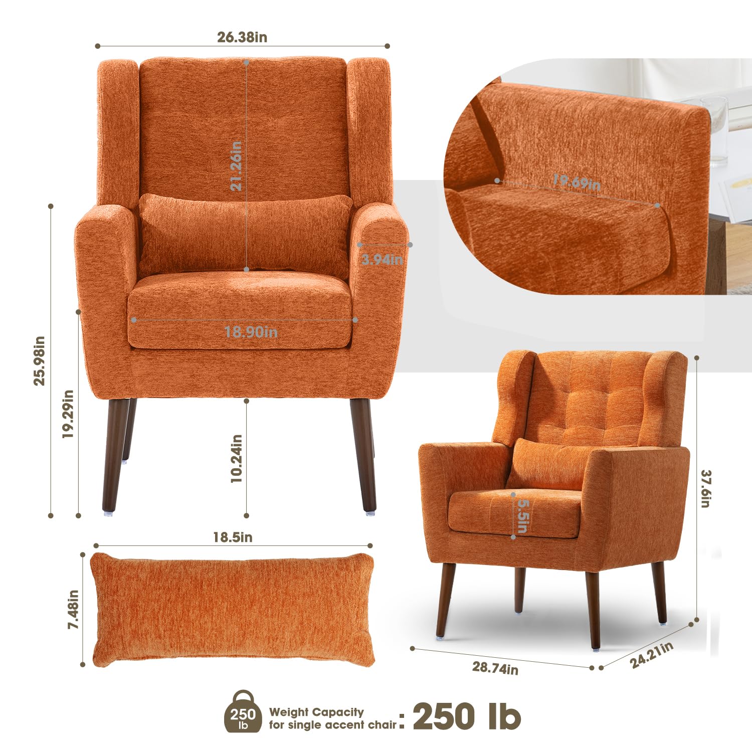 cinkehome Accent Chairs Set of 2 for Living Room, Chenille Upholstered Mordern Armchair, Comfy Soft Padded Lounge Reading Arm Chair in Small Spaces, Bedroom, w/Pillow, Solid Wood Leg, Orange