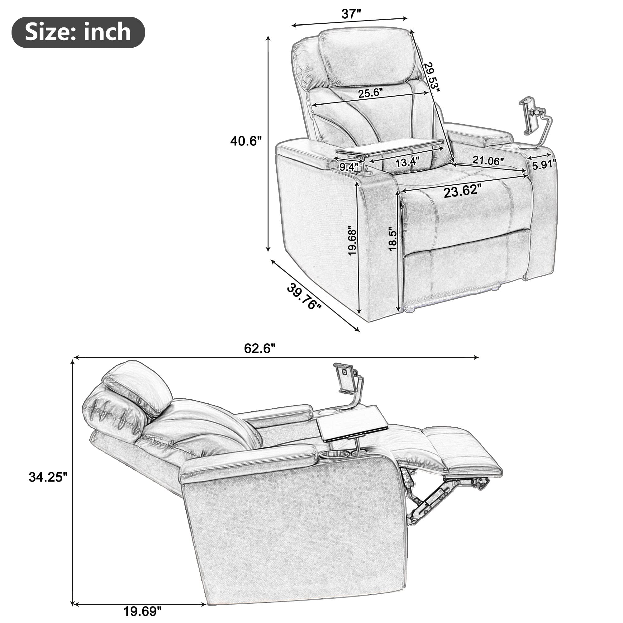 UFINEGO Power Recliner Chair with USB Port and Cup Holders, Home Theater Seating Reclining Chair Electric Recliners with Swivel Tray Table & Hidden Arm Storage for Living Room Bedroom, Grey