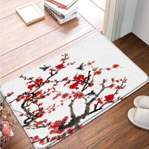 red floral bath mat spring blooming cherry blossom flower plum asian japanese aesthetic watercolor traditional weeping branch ink scenery memory foam bathroom rug indoor carpet doormat 24x16 inch