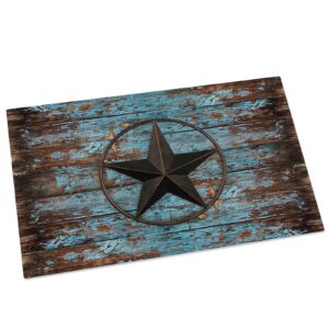 western country star texas vintage blue wood board,non slip indoor floor mat bath rug,rustic wooden grain entrance carpet for bedroom kitchen living room bathroom decor 16x24in