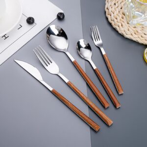 Wooden Silverware Set With Wood Grain Handle 30 Pcs Flatware Sets Service for 6 Stainless Steel Home Kitchen Wedding Restaurant Cutlery Utensils Set Forks Spoons and Knives Delicate Tableware