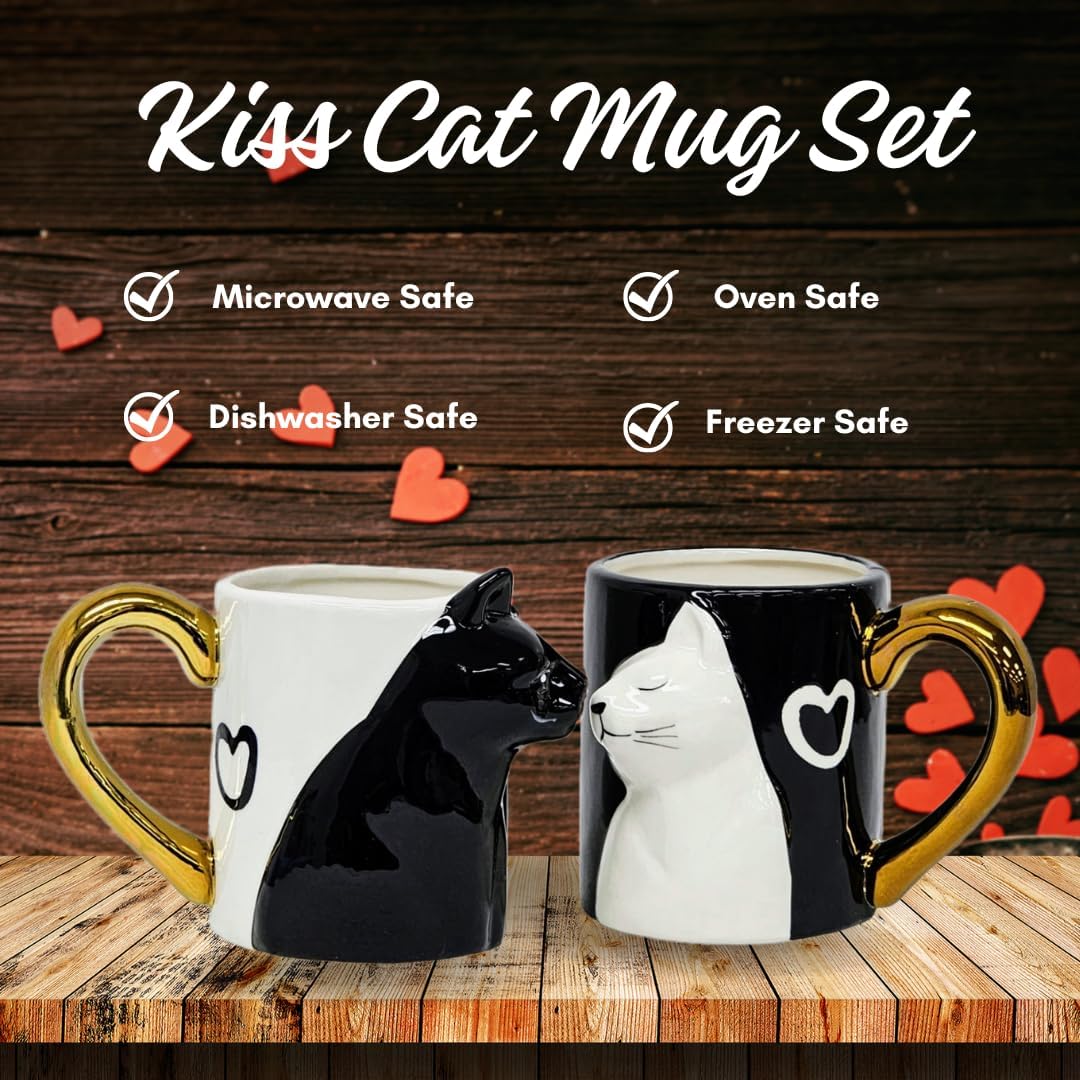 JVSupply Couple Gifts Cute Kissing Cat Mug Set Matching Couples Gold Ceramic Coffee Mug Set Couple Gifts for Wedding Anniversary Engagement Gifts for Cat Lovers 14oz.