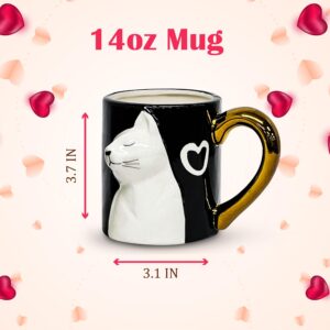 JVSupply Couple Gifts Cute Kissing Cat Mug Set Matching Couples Gold Ceramic Coffee Mug Set Couple Gifts for Wedding Anniversary Engagement Gifts for Cat Lovers 14oz.
