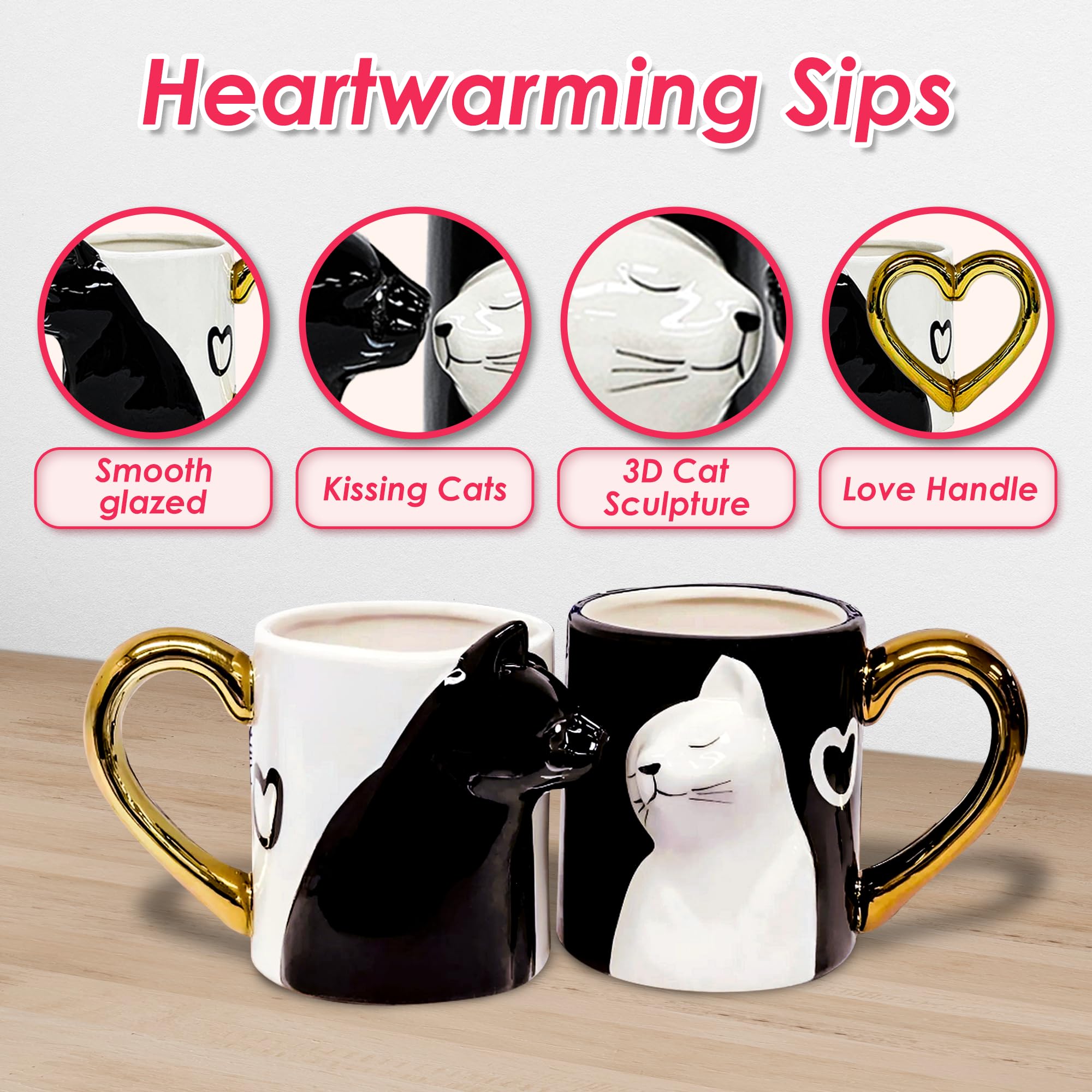 JVSupply Couple Gifts Cute Kissing Cat Mug Set Matching Couples Gold Ceramic Coffee Mug Set Couple Gifts for Wedding Anniversary Engagement Gifts for Cat Lovers 14oz.