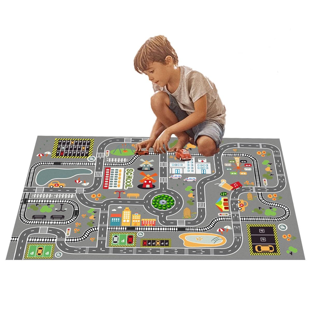 GOJAGOT Kids Carpet Playmat, Car Rugs for Kids Toy Cars, Toddler Activity Mat for Race Cars and Toys, Play Rug Kids Makes a Fun Gift Idea for Boys & Girls.(Gray, 2'6"x4')