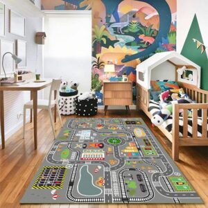 GOJAGOT Kids Carpet Playmat, Car Rugs for Kids Toy Cars, Toddler Activity Mat for Race Cars and Toys, Play Rug Kids Makes a Fun Gift Idea for Boys & Girls.(Gray, 2'6"x4')