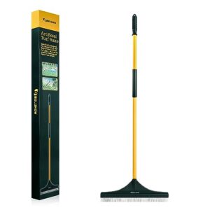 bulunow artificial turf rake, 55" long whole-piece pole no broke design - garden hand broom rake for easy quick remove leaves, debris, shrubs, pet hairs.. from turf, lawn, synthetic grass, carpet