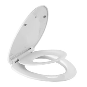 elongated toilet seat with built-in potty training seat, slow-close hinges, no-slam technology, quick removal for easy cleaning, detachable toddler seat, white