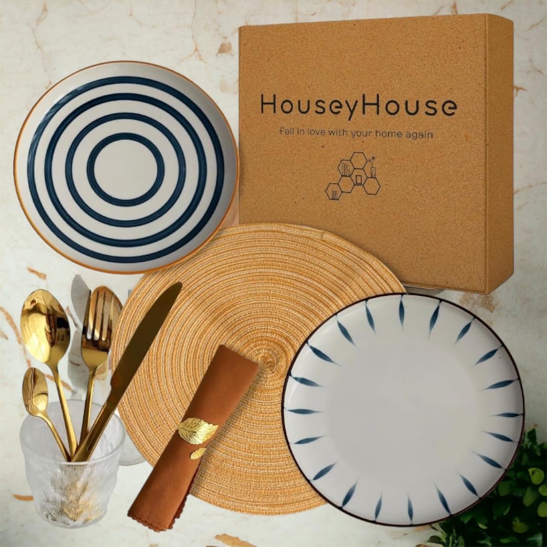 10-Piece Set All in 1 Dinnerware Set for 1 Person Dish Set Blue & White Cute Single Person Farmhouse Dinnerware 2 White Plates/Gold Cutlery/Cotton Place Mat/Napkin/Napkin Holder/Water Glass