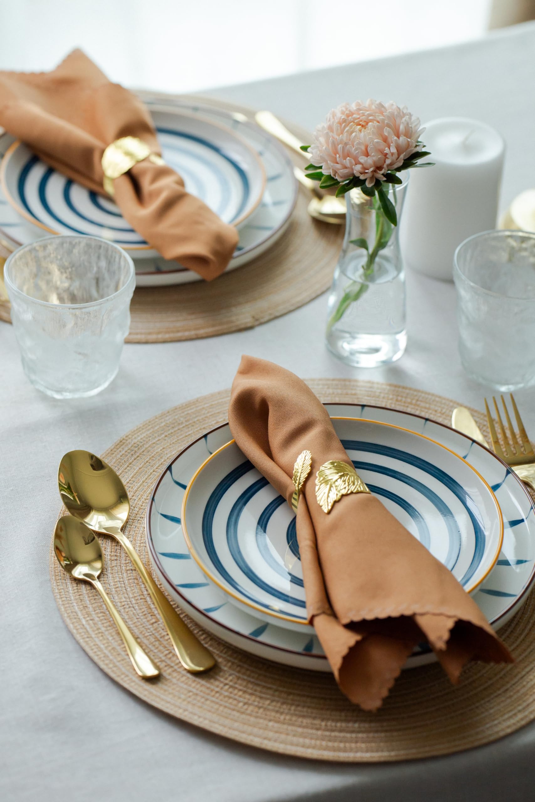 10-Piece Set All in 1 Dinnerware Set for 1 Person Dish Set Blue & White Cute Single Person Farmhouse Dinnerware 2 White Plates/Gold Cutlery/Cotton Place Mat/Napkin/Napkin Holder/Water Glass