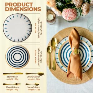 10-Piece Set All in 1 Dinnerware Set for 1 Person Dish Set Blue & White Cute Single Person Farmhouse Dinnerware 2 White Plates/Gold Cutlery/Cotton Place Mat/Napkin/Napkin Holder/Water Glass