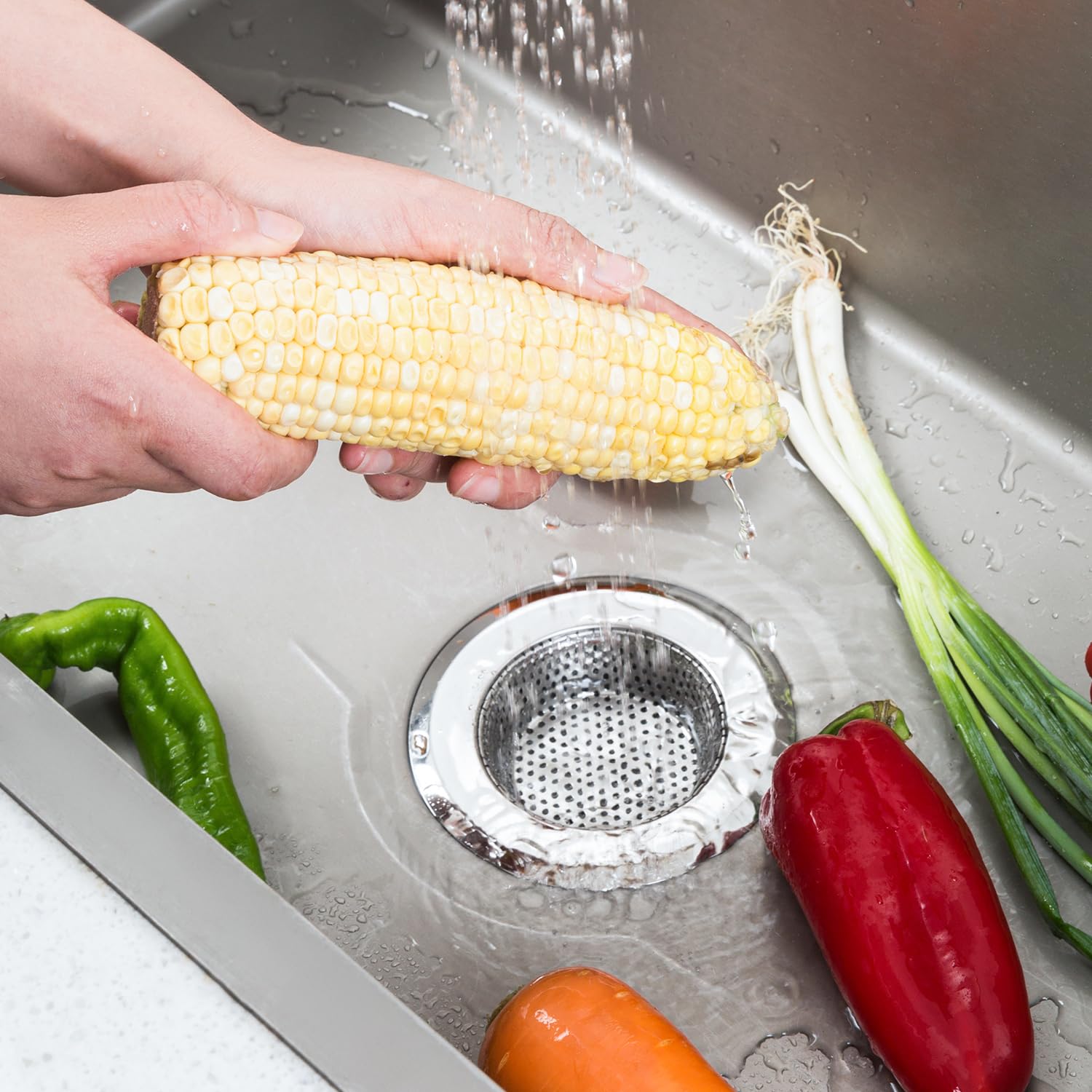 CORNERJOY 4.5 Inch Diameter Rim Heavy Duty Stainless Steel Kitchen Sink Basket Strainer and 3.38" Diameter Stainless Steel Kitchen Sink Stopper(Pack of 2)