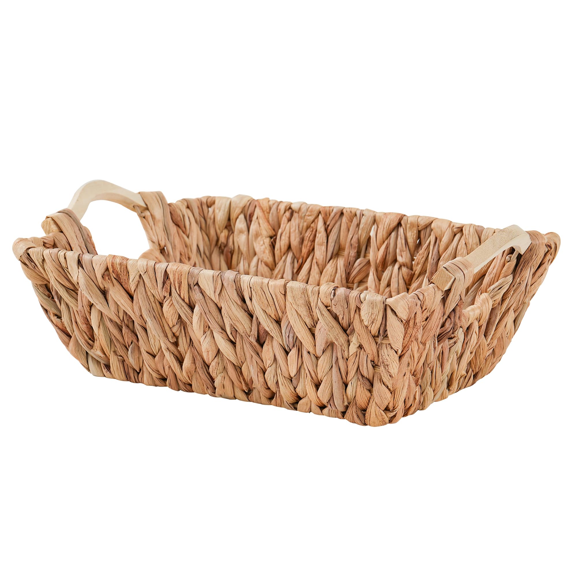 LONGERO Handcrafted Water Hyacinth Basket with Wooden Handles, Wicker Shelf Basket for Storage and Organizing, Rectangular, 1 Pack, Small Size