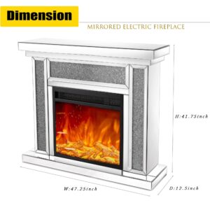 AUWHALEUS Mirrored Electric Fireplace with Remote Control and Mantel, Faux Diamonds Decor Freestanding Fireplace, Adjustable 3D Flame Effect Heater Firebox for Living Room, Silver