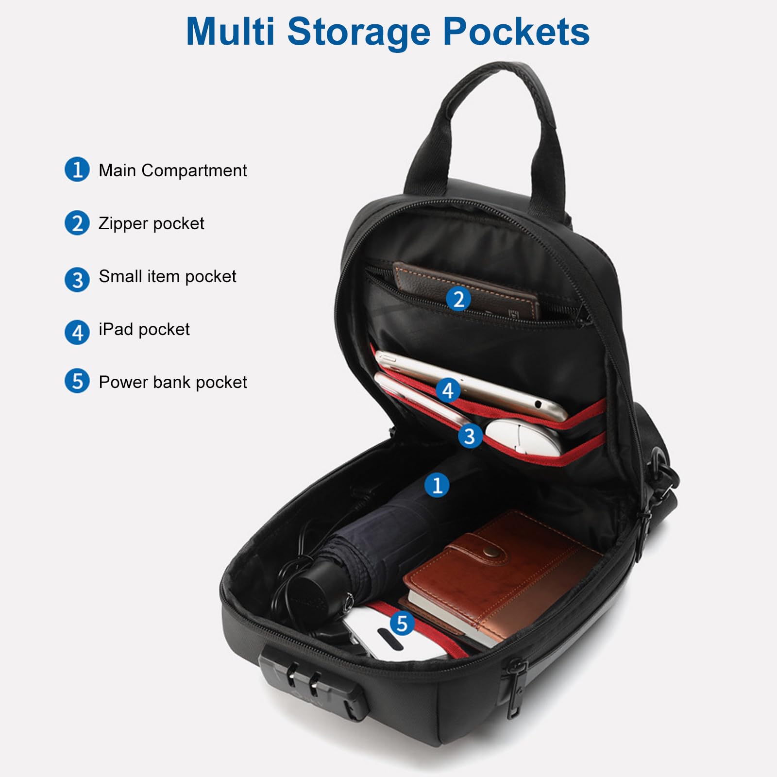 VALUEQLO Anti Theft Sling Bag, Waterproof Sling Crossbody Backpack Chest Bag with USB Charging Port, Casual Daypack Shoulder Bag for Men Women, Black