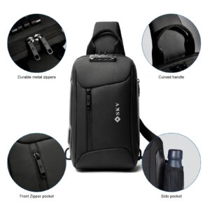 VALUEQLO Anti Theft Sling Bag, Waterproof Sling Crossbody Backpack Chest Bag with USB Charging Port, Casual Daypack Shoulder Bag for Men Women, Black