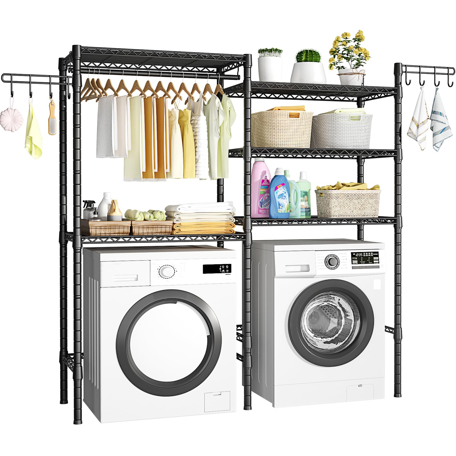 Ulif U5 Over the Washer and Dryer Storage Shelf, Laundry Room Space Saver Bathroom Storage and Organizer Rack for Hanging Towels and Drying Clothes with 5 Wire Shelves, 58.2"W x 13.4"D x 77.5"H, Black