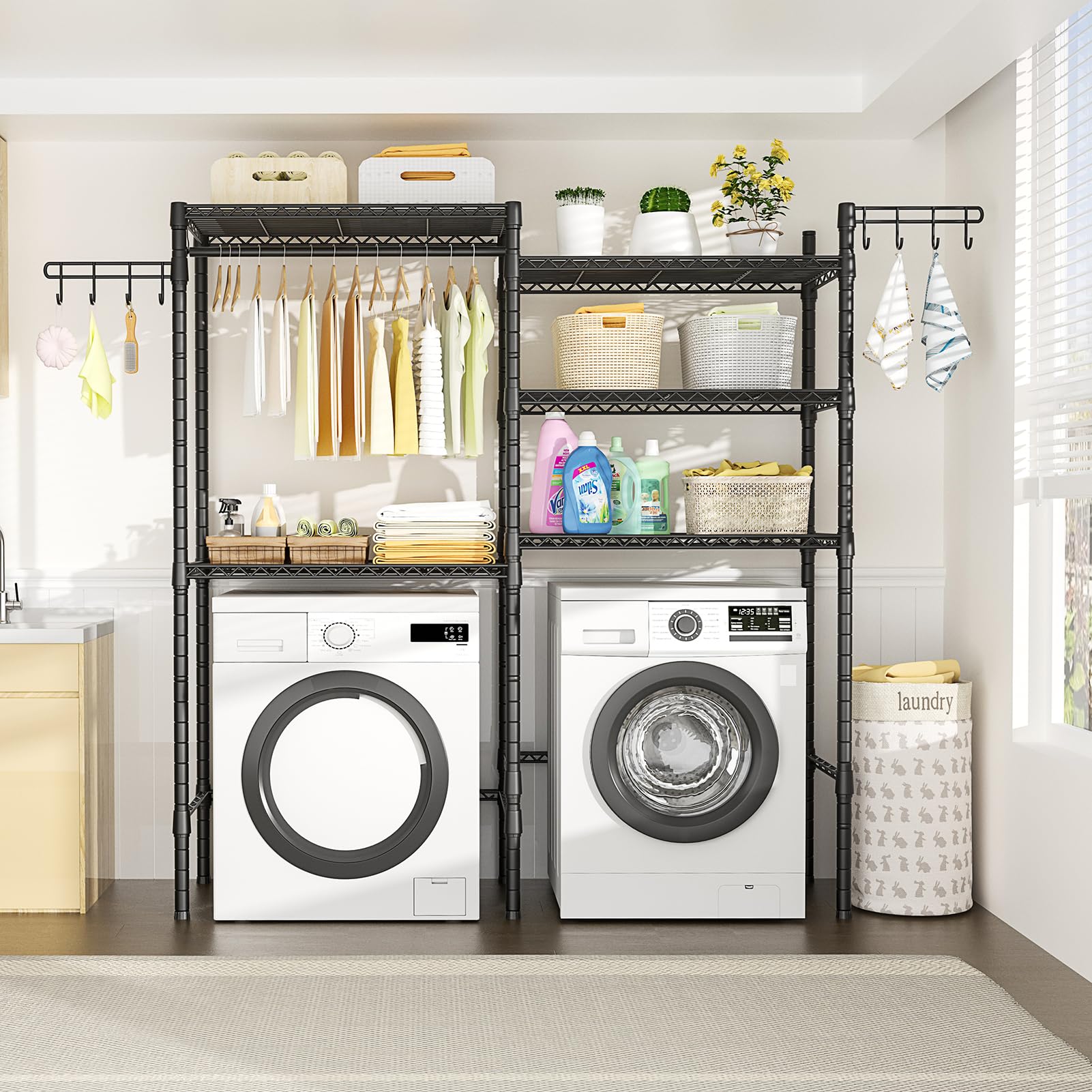 Ulif U5 Over the Washer and Dryer Storage Shelf, Laundry Room Space Saver Bathroom Storage and Organizer Rack for Hanging Towels and Drying Clothes with 5 Wire Shelves, 58.2"W x 13.4"D x 77.5"H, Black