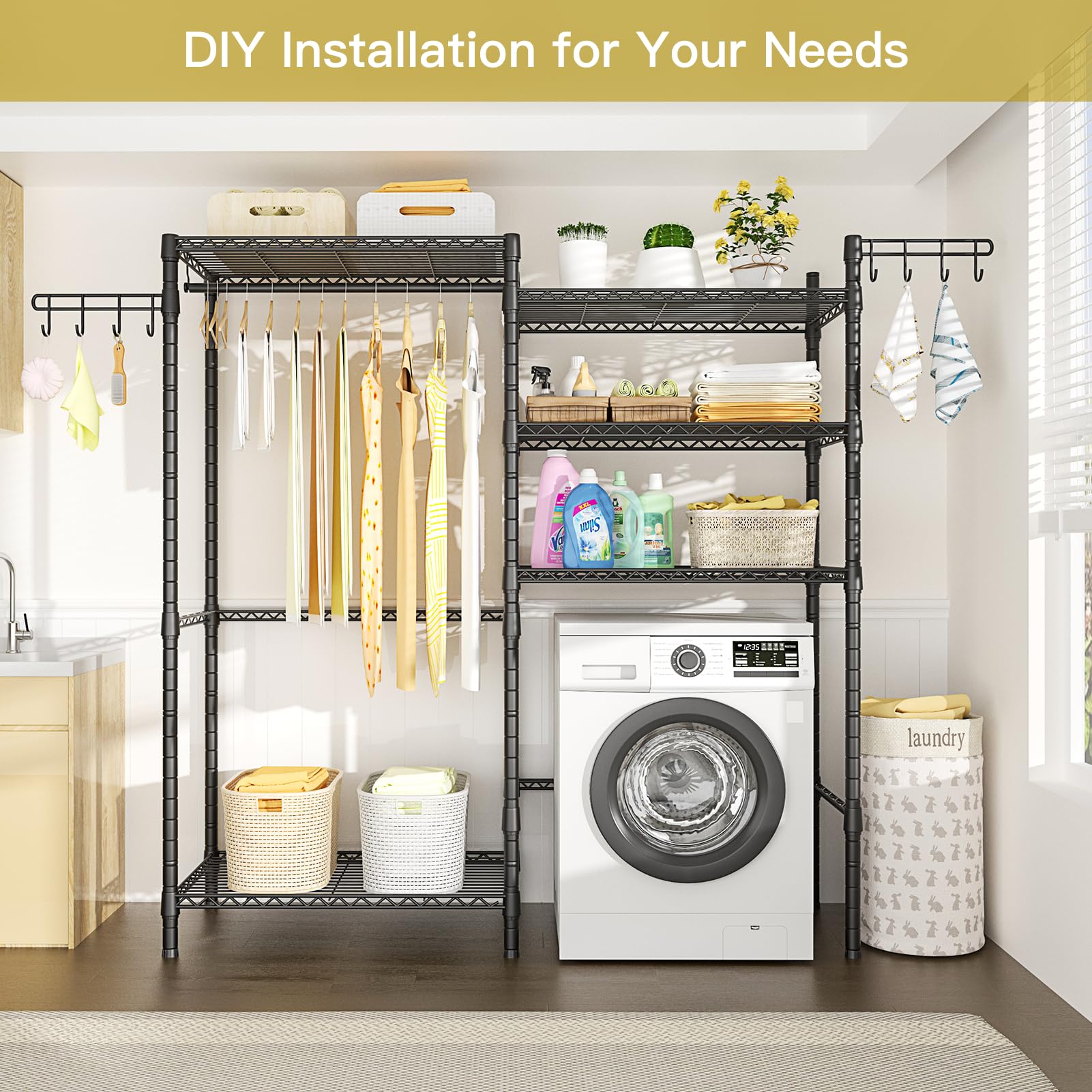 Ulif U5 Over the Washer and Dryer Storage Shelf, Laundry Room Space Saver Bathroom Storage and Organizer Rack for Hanging Towels and Drying Clothes with 5 Wire Shelves, 58.2"W x 13.4"D x 77.5"H, Black