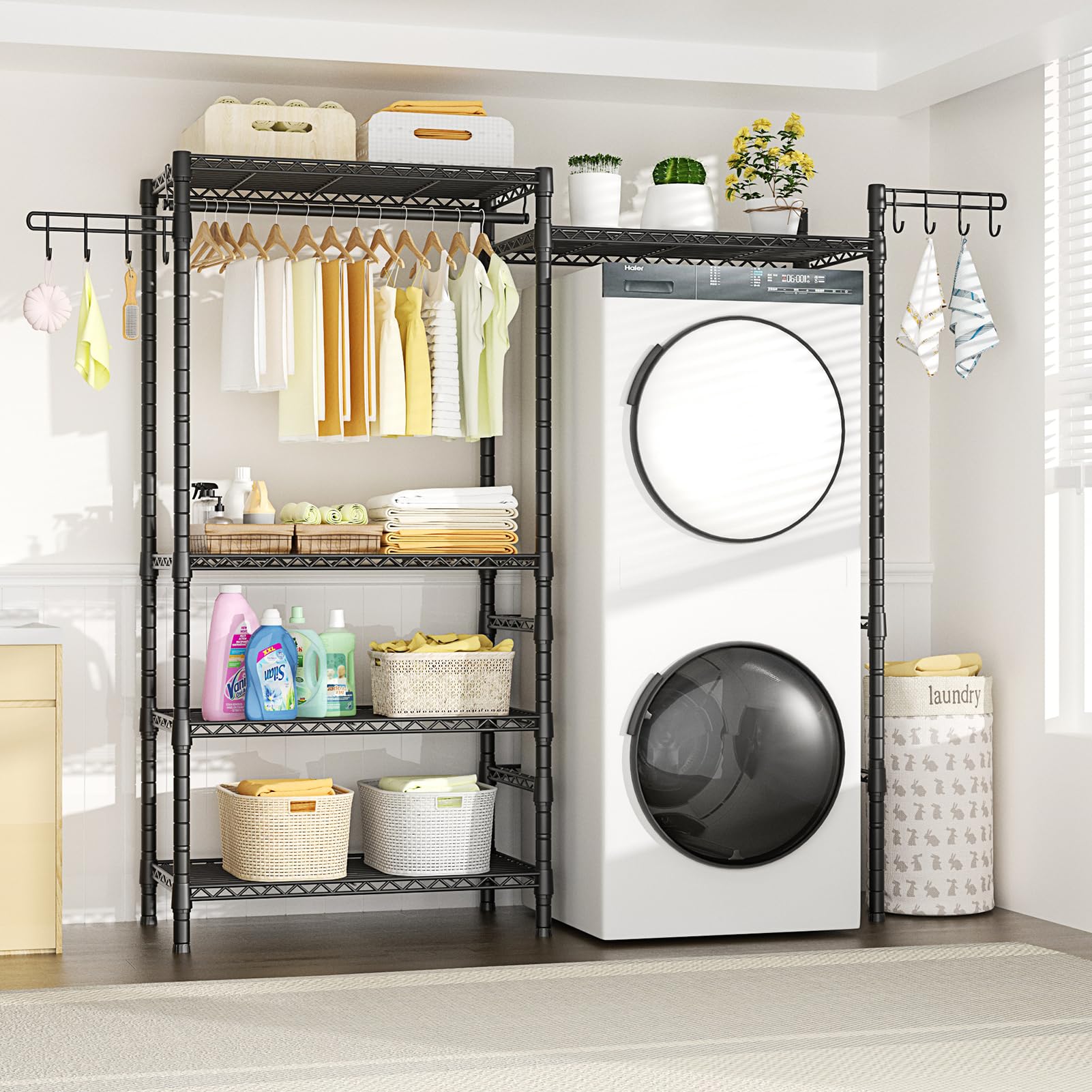 Ulif U5 Over the Washer and Dryer Storage Shelf, Laundry Room Space Saver Bathroom Storage and Organizer Rack for Hanging Towels and Drying Clothes with 5 Wire Shelves, 58.2"W x 13.4"D x 77.5"H, Black