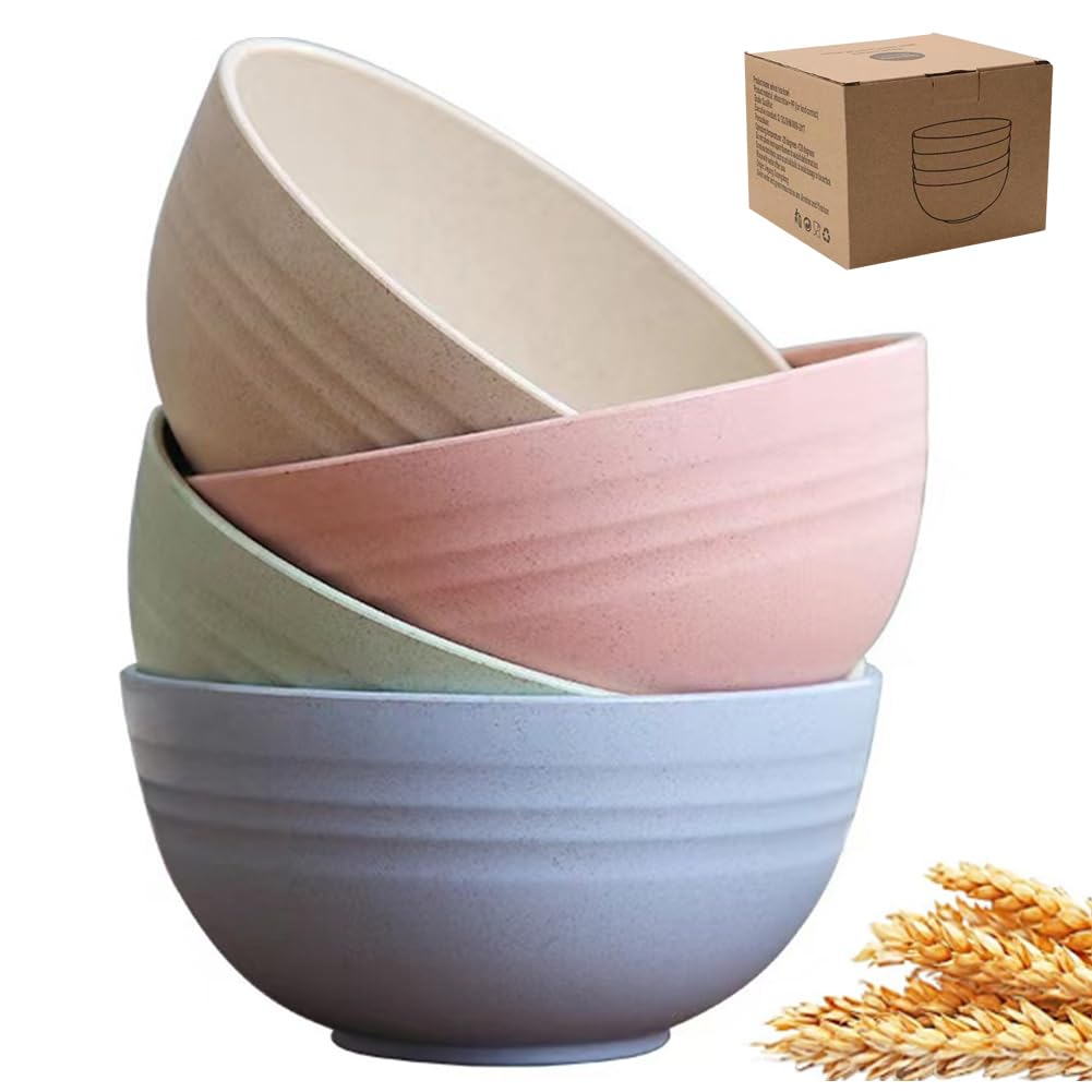 LRUUIDDE Unbreakable Cereal Bowls 24 oz - Reusable Wheat Straw Bowl - Dishwasher -Microwave Safe - Bamboo Kids Bowls Set, Soup Salad Rice Oatmeal Desserts- BPA Free, Eco-Friendly