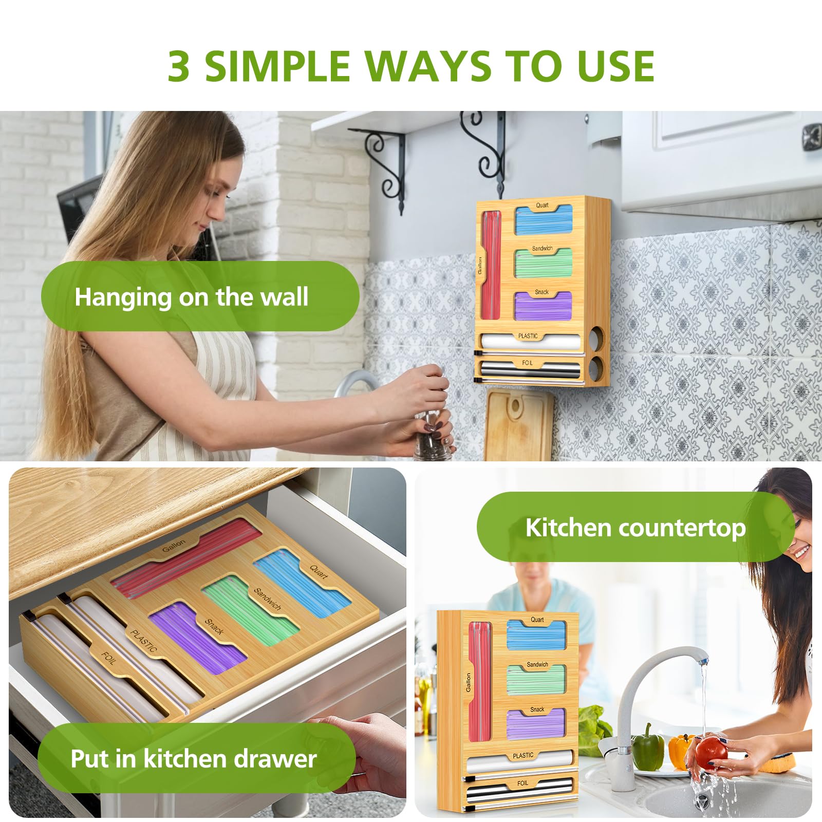 Lawmoliw Bag Storage Organizer for Kitchen Drawer, 6 in 1 Foil and Plastic Wrap Dispenser with Cutter, Bamboo Plastic Bag Food Baggie Organizer for Gallon, Quart, Sandwich, Snack