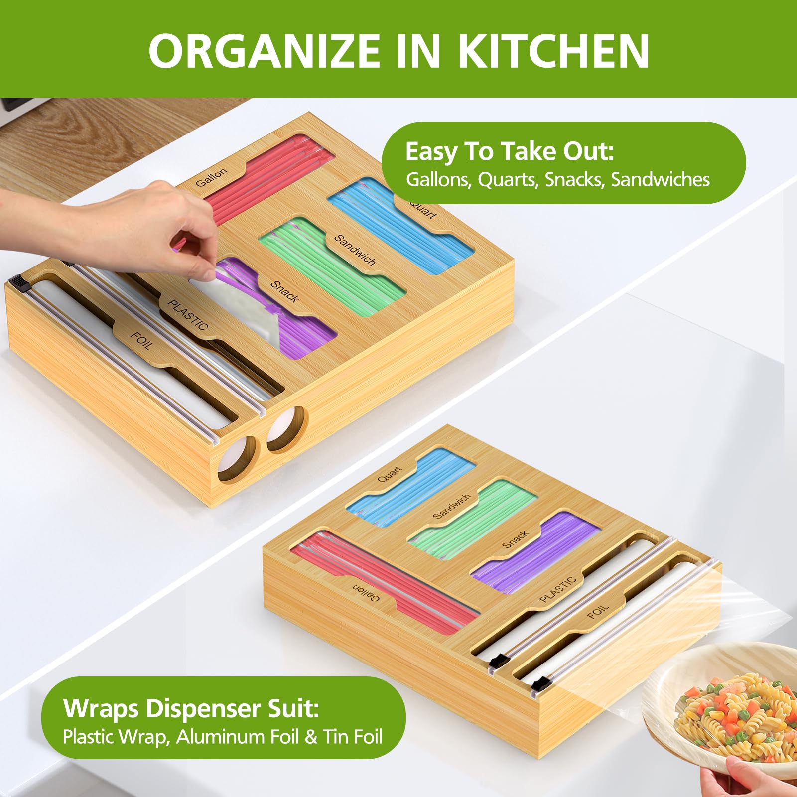 Lawmoliw Bag Storage Organizer for Kitchen Drawer, 6 in 1 Foil and Plastic Wrap Dispenser with Cutter, Bamboo Plastic Bag Food Baggie Organizer for Gallon, Quart, Sandwich, Snack