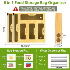 Lawmoliw Bag Storage Organizer for Kitchen Drawer, 6 in 1 Foil and Plastic Wrap Dispenser with Cutter, Bamboo Plastic Bag Food Baggie Organizer for Gallon, Quart, Sandwich, Snack