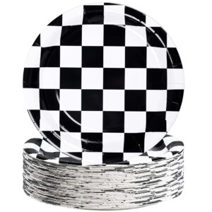 50 packs racing car paper plates 9" black and white disposable plates checkered flag party plates round dessert dinner paper plate for race car party supplies kids birthday tableware