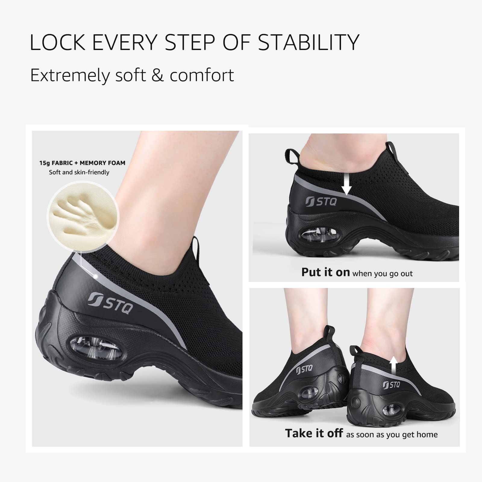 STQ Women Slip On Walking Shoes with Arch Support Comfort Nursing Sneakers Non Slip Work Shoes for Food Service All Black US 8.5